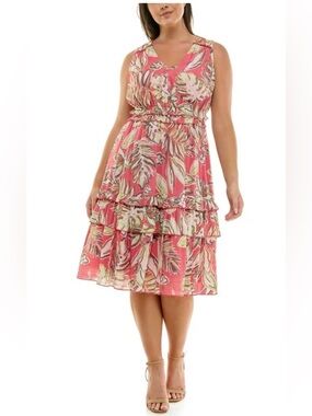 Nanette Lepore Coral Leaf-Print Ruffle Midi Dress NEW SIZE 14